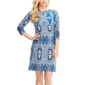London Times Plus Size 18W Sheath Dress 3/4 Sleeve Blue Kaleidoscope Paisley
